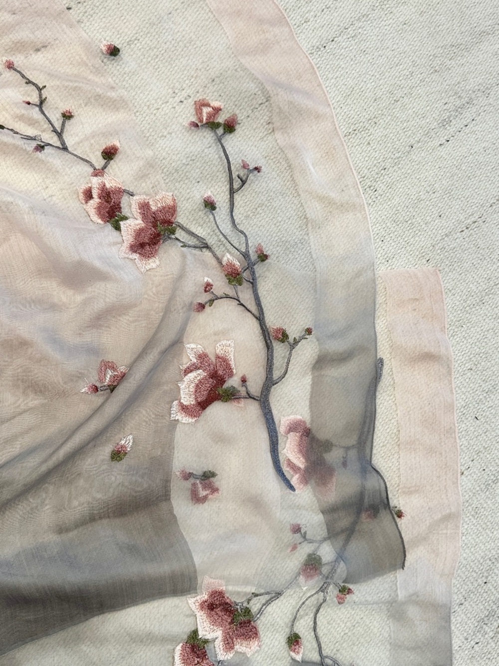 Sheer Floral Embroidered Scarf/shawl in Blush Pink and Gray